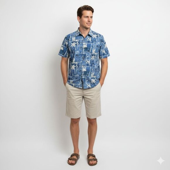 Pierre Cardin Luau Hawaiian Camp Shirt Short Sleeve Blue Sea Shells (Large) Vint - Picture 2 of 8